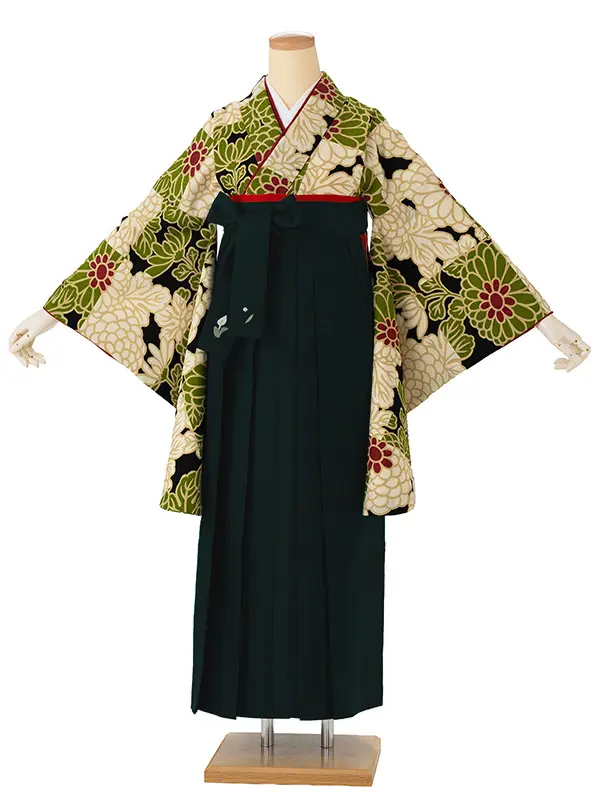 卒業式袴レンタルM0201市松菊・抹茶×黒×緑