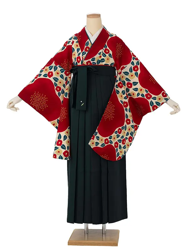 卒業式袴レンタルM0206大梅に椿・ベージュ×緑