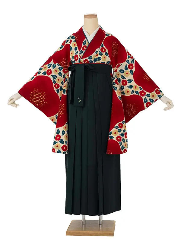 卒業式袴レンタルM0206大梅に椿・ベージュ×緑