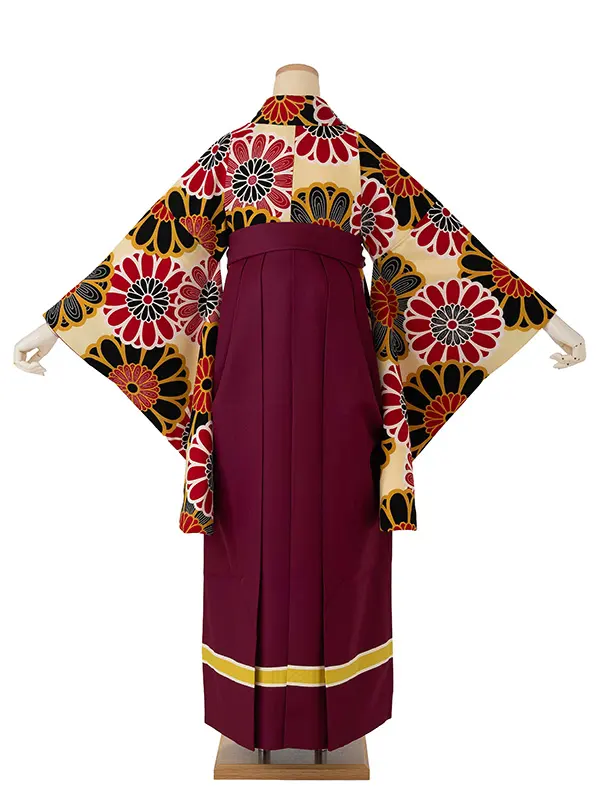 卒業式袴レンタルM0208大菊・クリーム×ライン/ワイン