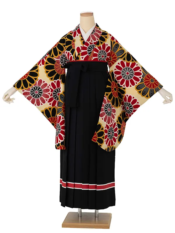 卒業式袴レンタルM0208大菊・クリーム×ライン/黒