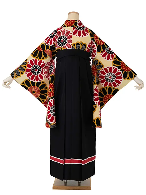 卒業式袴レンタルM0208大菊・クリーム×ライン/黒