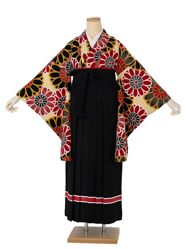卒業式袴レンタルM0208大菊・クリーム×ライン/黒
