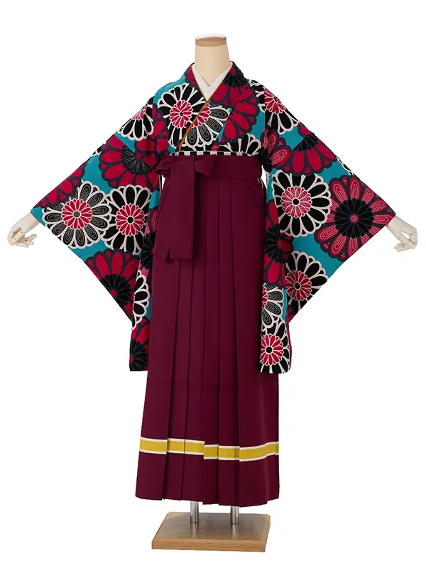 卒業式袴レンタルM0209大菊・ターコイズ×ライン/ワイン