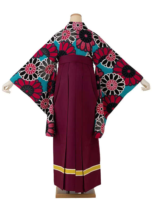 卒業式袴レンタルM0209大菊・ターコイズ×ライン/ワイン