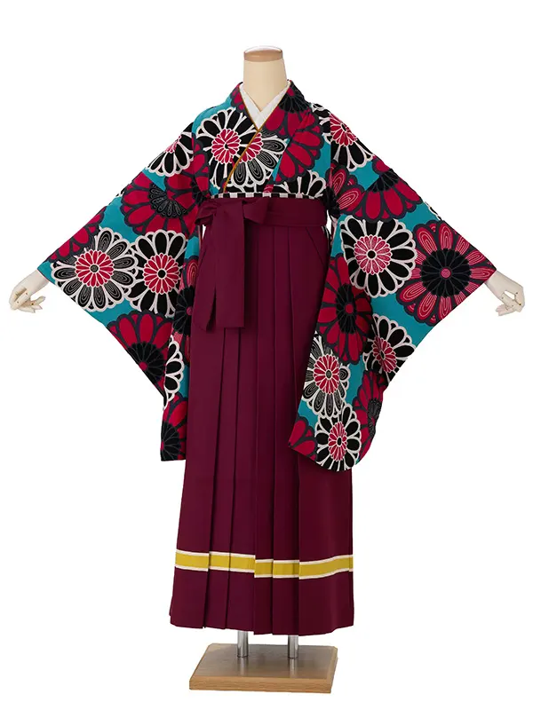 卒業式袴レンタルM0209大菊・ターコイズ×ライン/ワイン