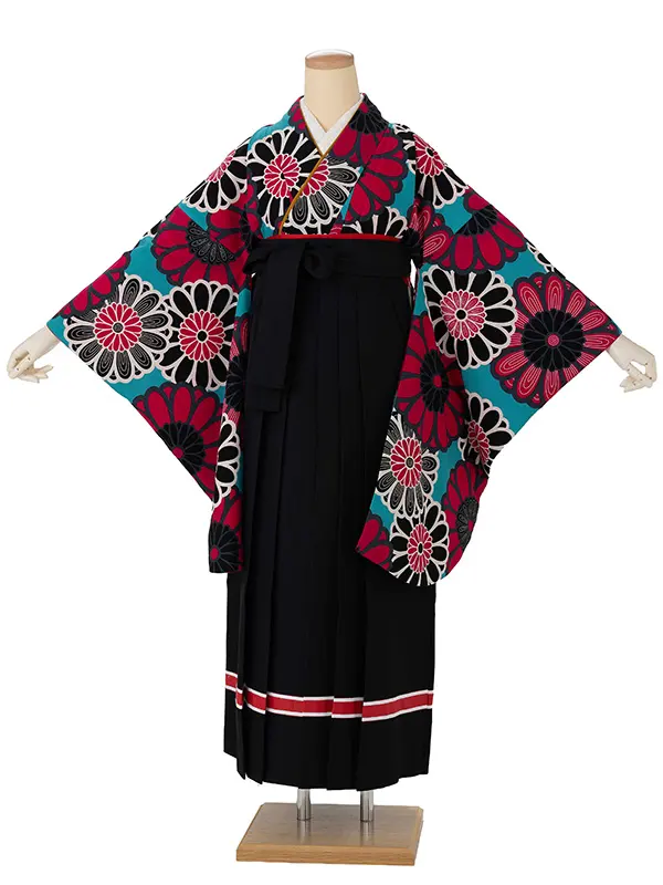 卒業式袴レンタルM0209大菊・ターコイズ×ライン/黒