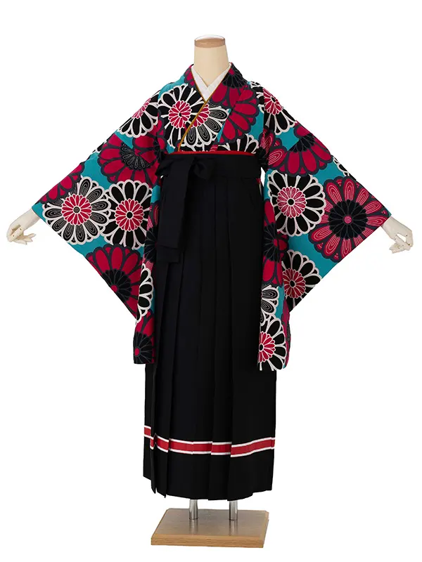 卒業式袴レンタルM0209大菊・ターコイズ×ライン/黒