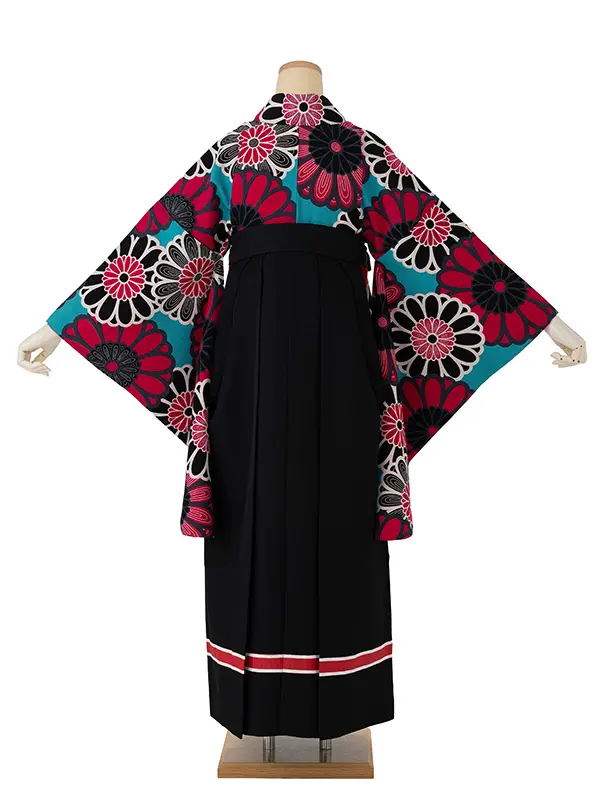 卒業式袴レンタルM0209大菊・ターコイズ×ライン/黒