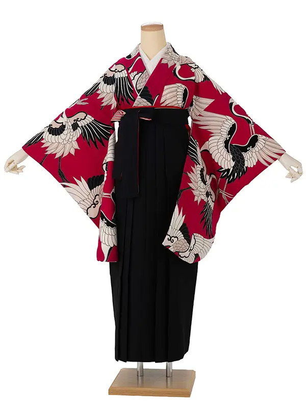 卒業式袴レンタルM0214古典鶴・ピンク×縞/黒