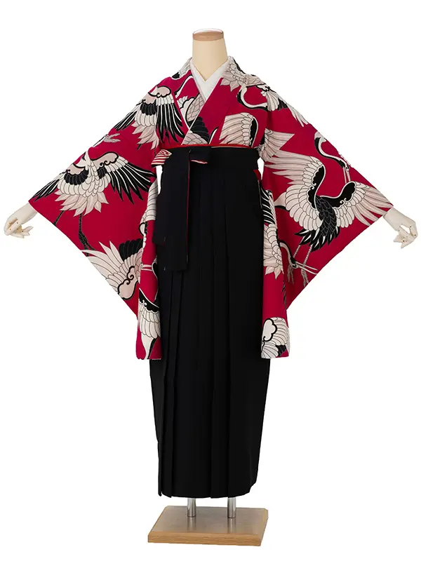 卒業式袴レンタルM0214古典鶴・ピンク×縞/黒