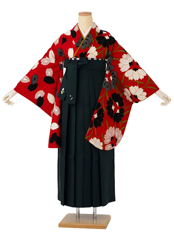 卒業式袴レンタルM0215桜×桜花びら【片身替り】・赤×緑