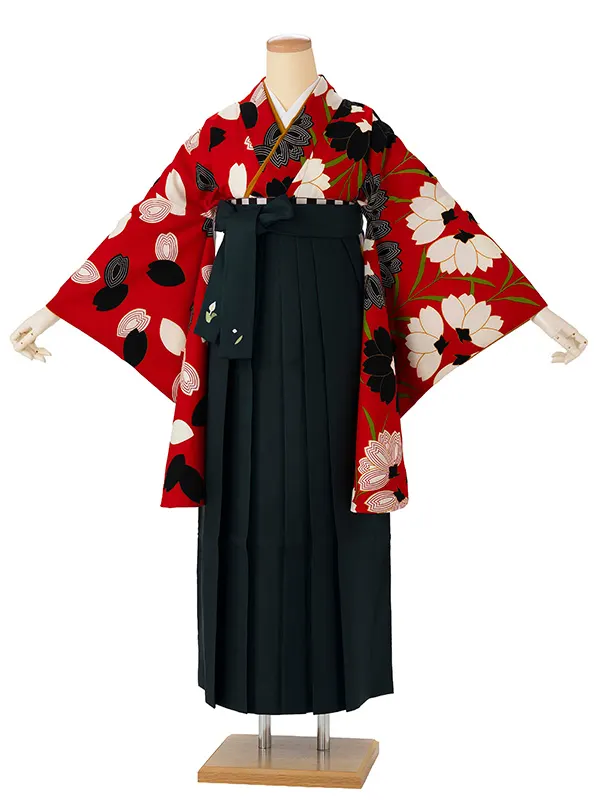卒業式袴レンタルM0215桜×桜花びら【片身替り】・赤×緑