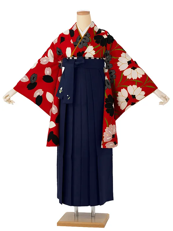 卒業式袴レンタルM0215桜×桜花びら【片身替り】・赤×紺