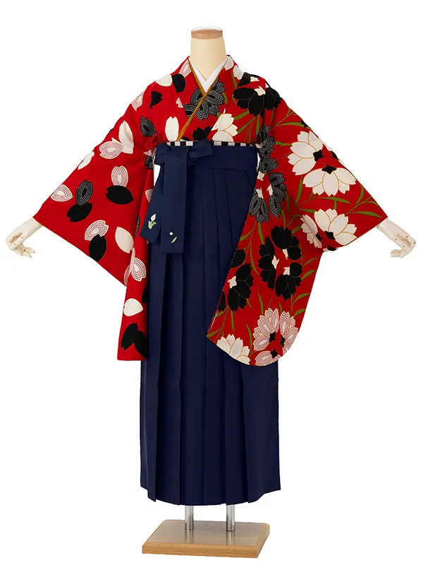 卒業式袴レンタルM0215桜×桜花びら【片身替り】・赤×紺