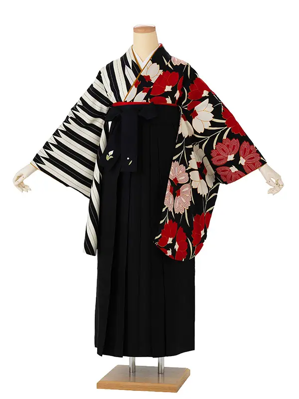 卒業式袴レンタルM0216桜×矢羽根【片身替り】・黒×黒