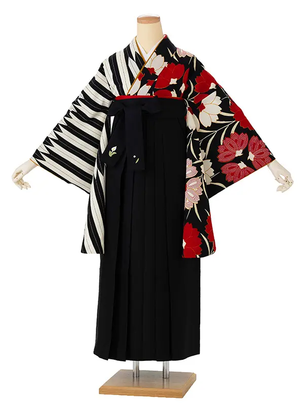 卒業式袴レンタルM0216桜×矢羽根【片身替り】・黒×黒