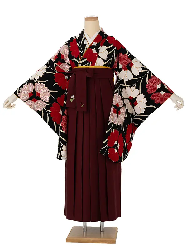 卒業式袴レンタルM0217桜・黒×えんじ