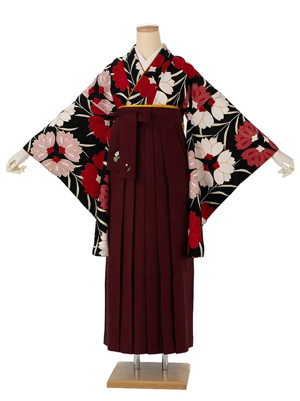 卒業式袴レンタルM0217桜・黒×えんじ