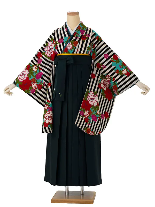 卒業式袴レンタルM0218縞に雪輪・黒×緑