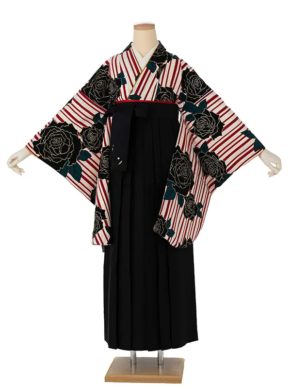 卒業式袴レンタルM0220縞バラ・赤×黒×黒