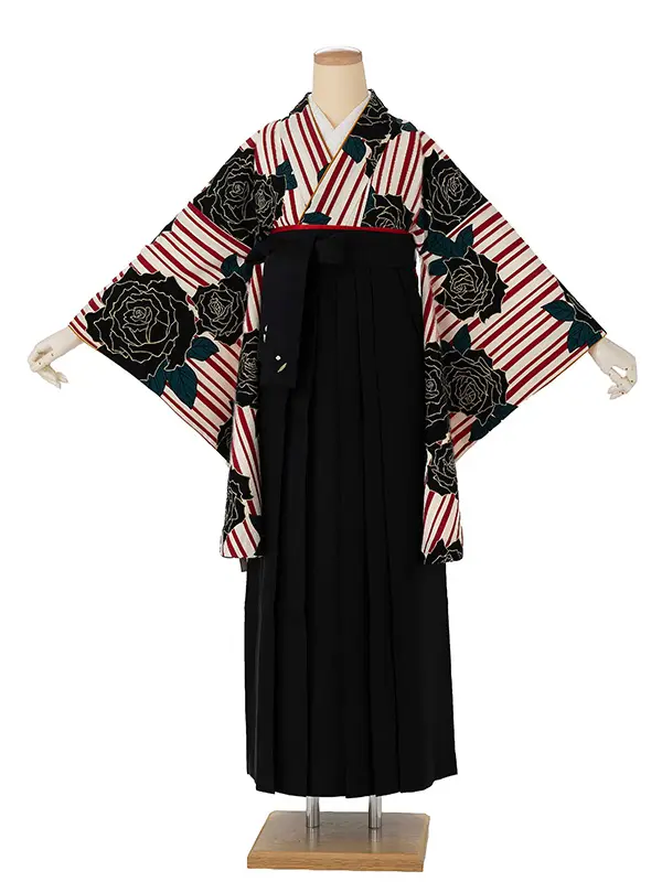 卒業式袴レンタルM0220縞バラ・赤×黒×黒