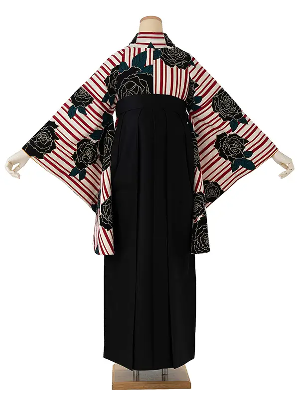 卒業式袴レンタルM0220縞バラ・赤×黒×黒