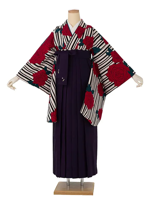 卒業式袴レンタルM0222縞バラ・黒×マゼンタ×紫