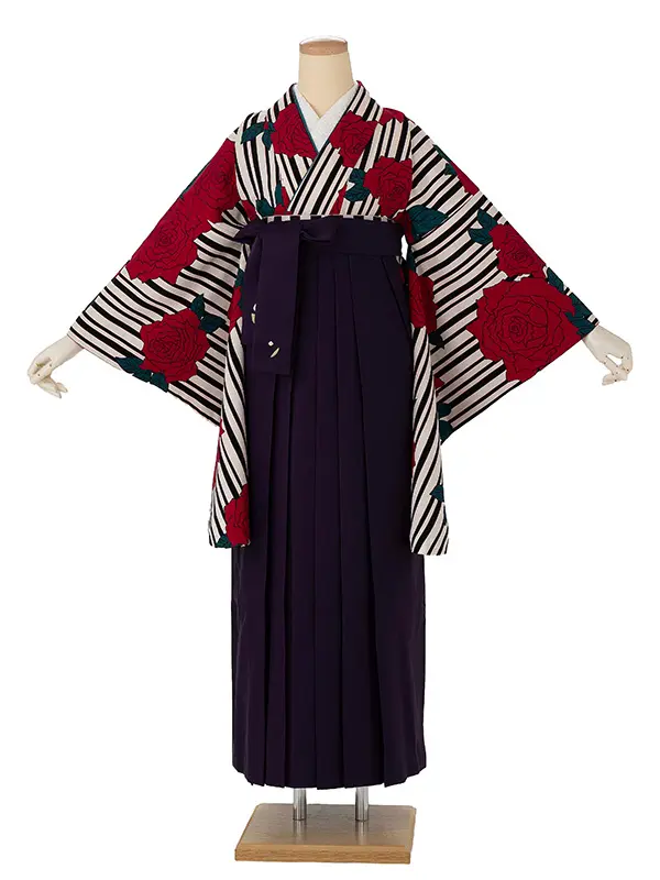 卒業式袴レンタルM0222縞バラ・黒×マゼンタ×紫