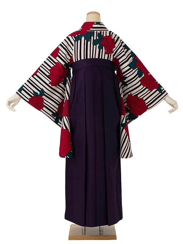 卒業式袴レンタルM0222縞バラ・黒×マゼンタ×紫