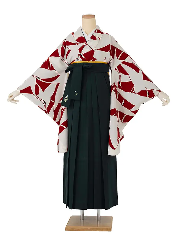 卒業式袴レンタルM0223シルエット鶴・赤×白鶴×緑