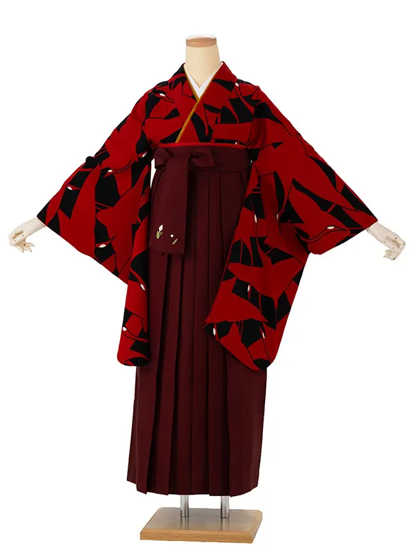 卒業式袴レンタルM0224シルエット鶴・黒×赤鶴×えんじ