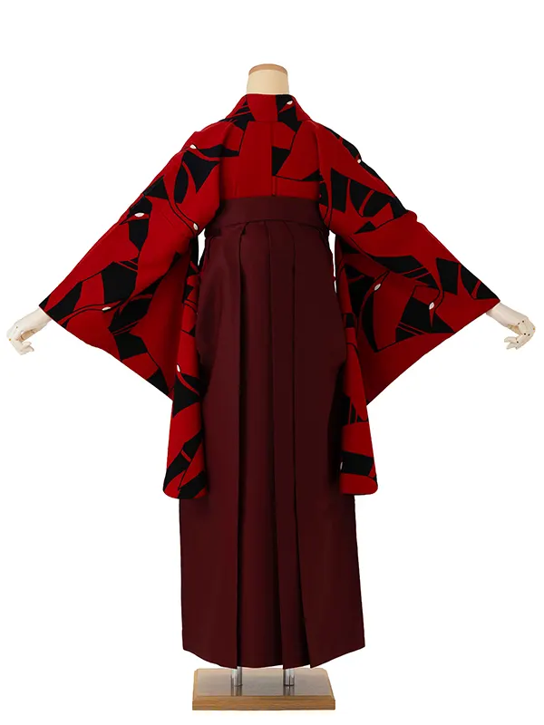 卒業式袴レンタルM0224シルエット鶴・黒×赤鶴×えんじ