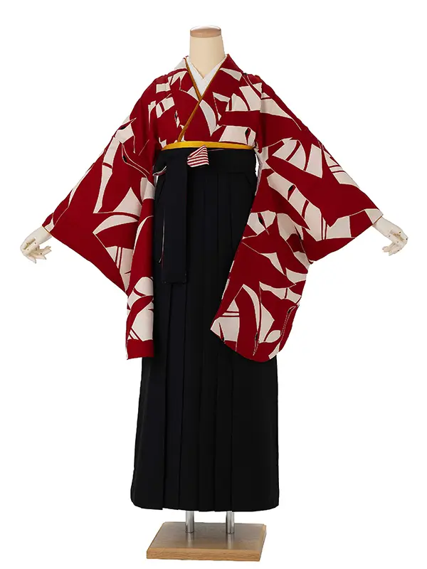 卒業式袴レンタルM0226シルエット鶴・白×赤鶴×縞／黒