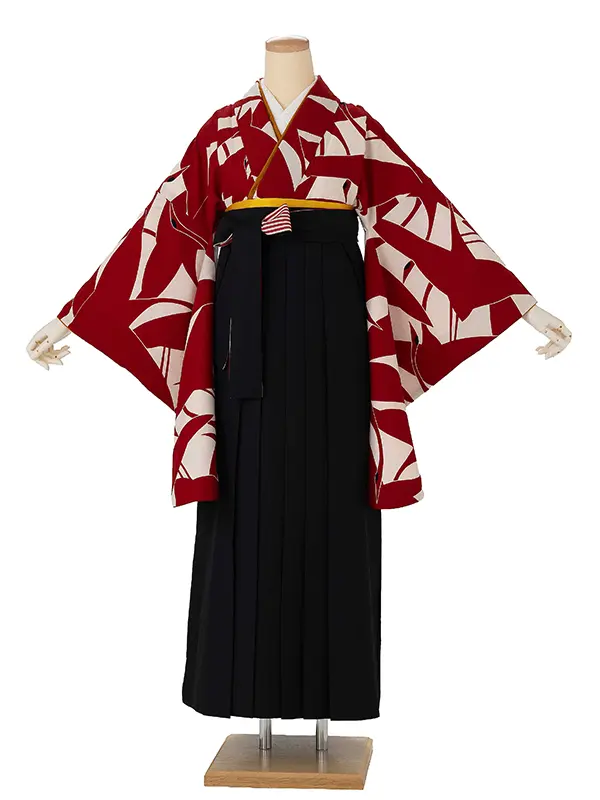 卒業式袴レンタルM0226シルエット鶴・白×赤鶴×縞／黒
