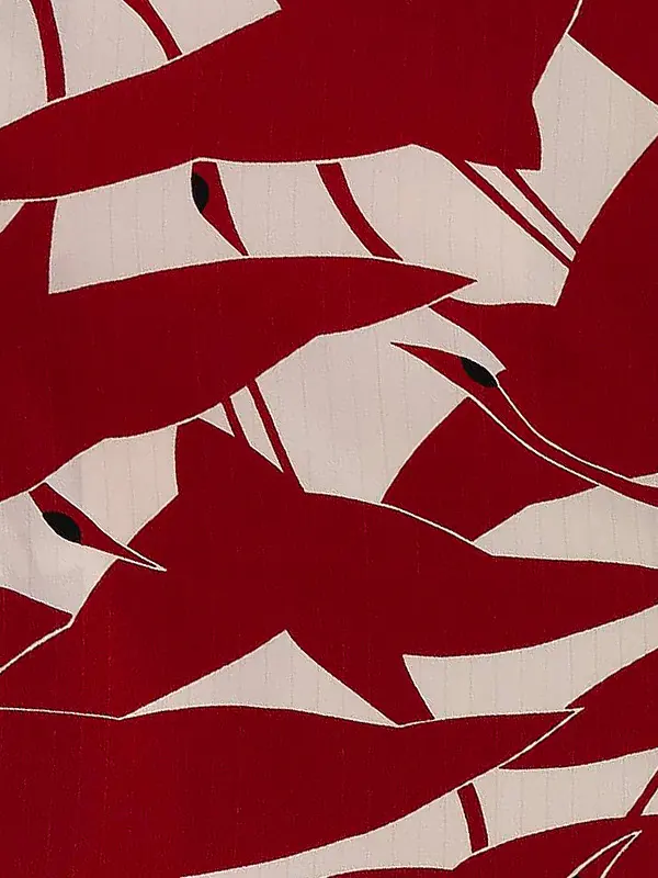 卒業式袴レンタルM0226シルエット鶴・白×赤鶴×縞／黒