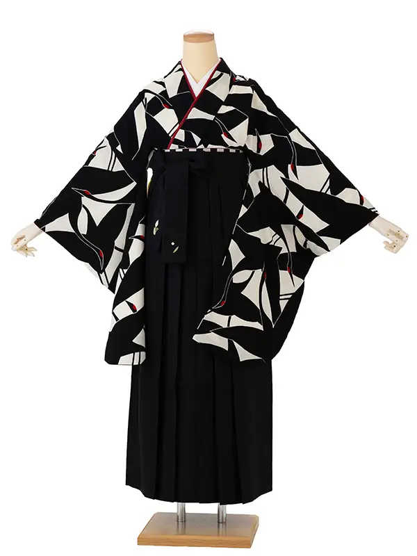 卒業式袴レンタルM0227シルエット鶴・白×黒鶴×黒