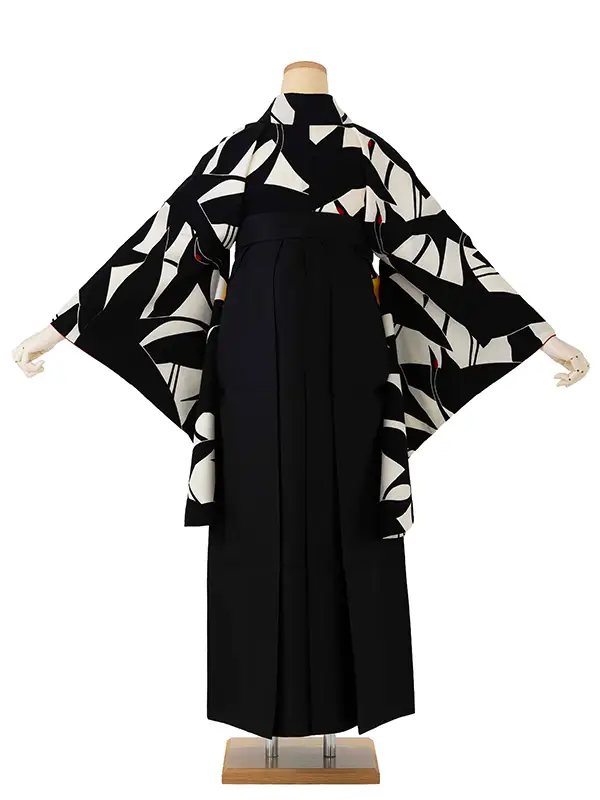 卒業式袴レンタルM0227シルエット鶴・白×黒鶴×黒