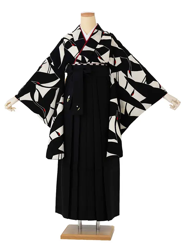 卒業式袴レンタルM0227シルエット鶴・白×黒鶴×黒