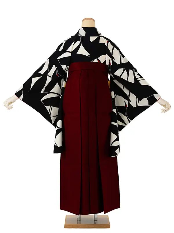 卒業式袴レンタルM0227シルエット鶴・白×黒鶴×えんじ