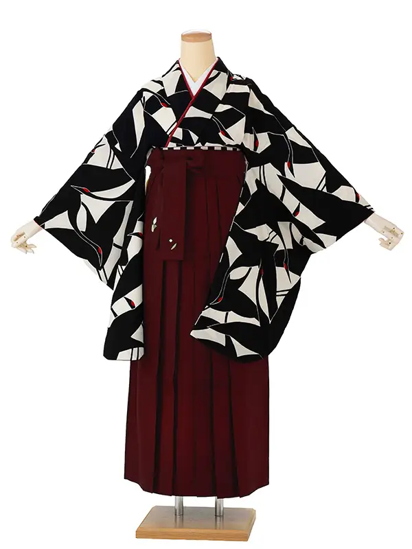 卒業式袴レンタルM0227シルエット鶴・白×黒鶴×えんじ