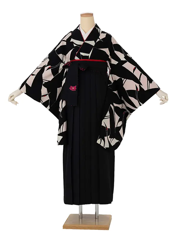 卒業式袴レンタルM0227シルエット鶴・白×黒鶴×ドット／黒