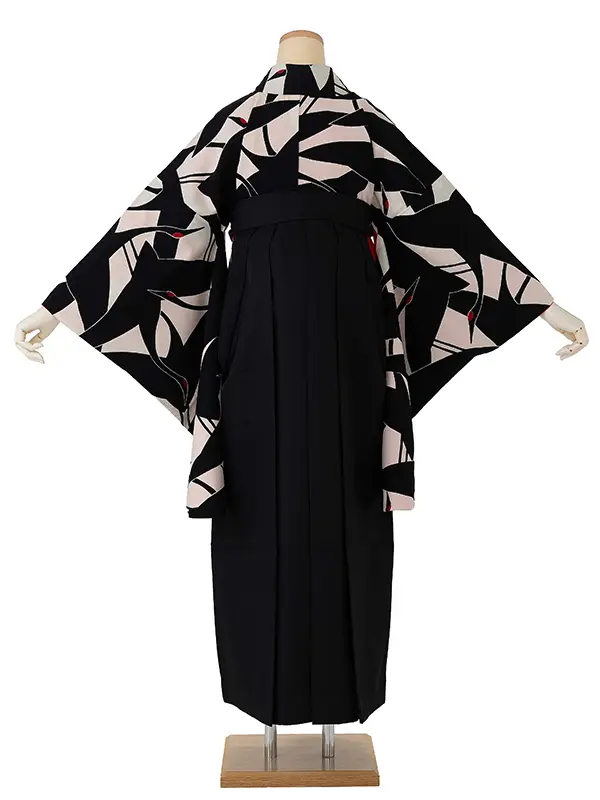 卒業式袴レンタルM0227シルエット鶴・白×黒鶴×ドット／黒