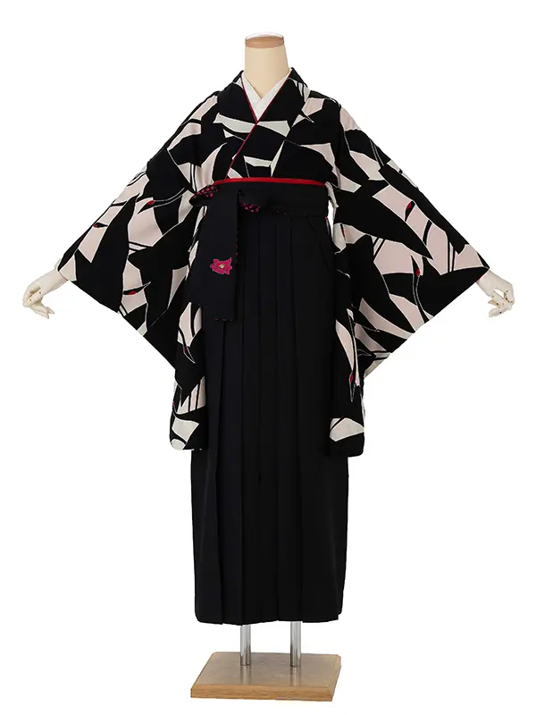 卒業式袴レンタルM0227シルエット鶴・白×黒鶴×ドット／黒