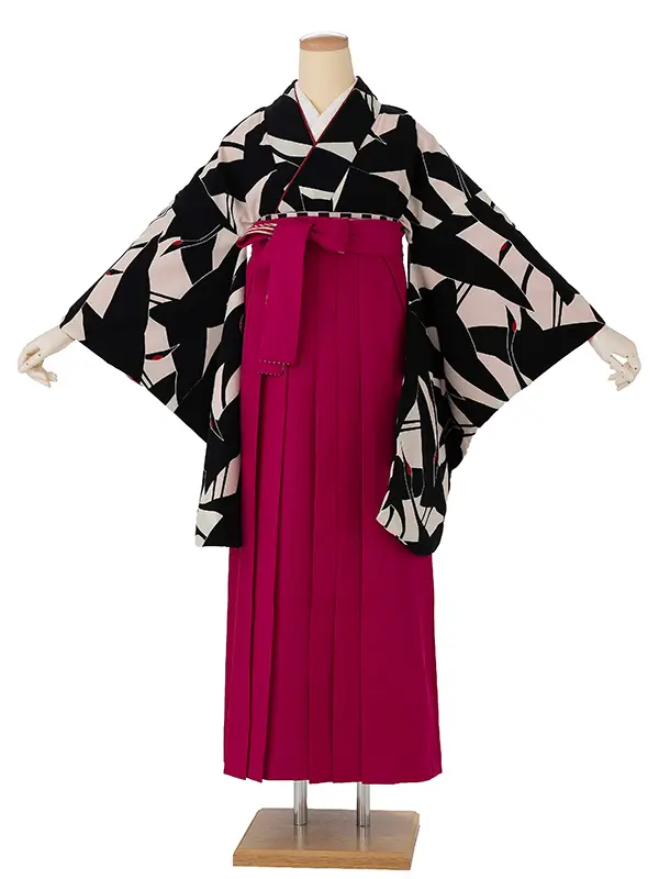 卒業式袴レンタルM0227シルエット鶴・白×黒鶴×縞／ピンク