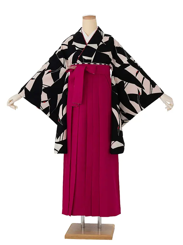 卒業式袴レンタルM0227シルエット鶴・白×黒鶴×縞／ピンク