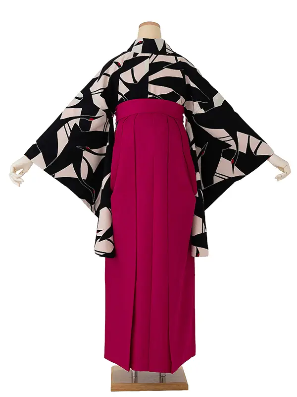 卒業式袴レンタルM0227シルエット鶴・白×黒鶴×縞／ピンク