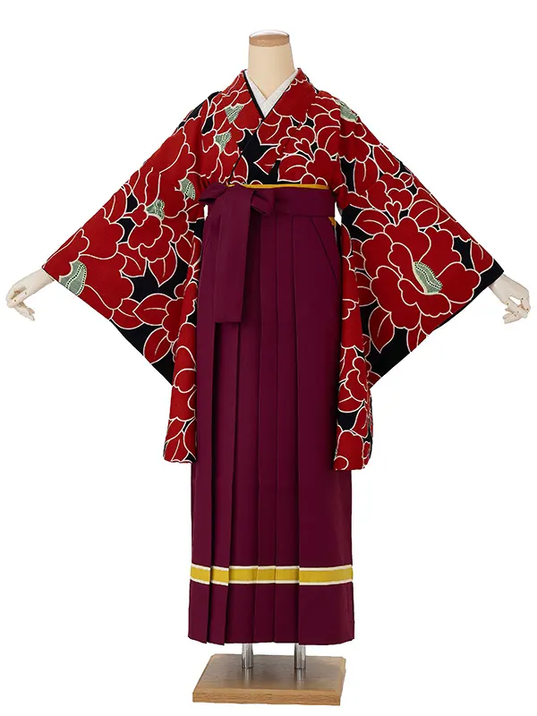 卒業式袴レンタルM0229椿・赤×ライン／ワイン
