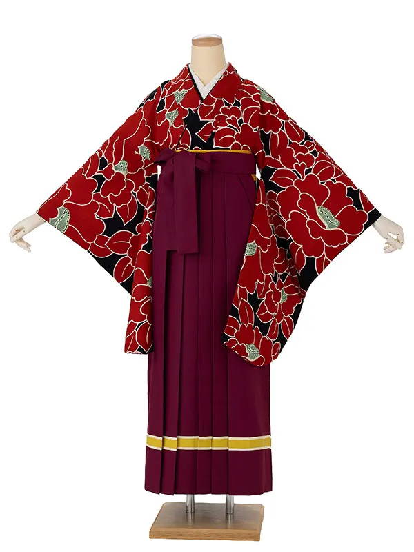 卒業式袴レンタルM0229椿・赤×ライン／ワイン
