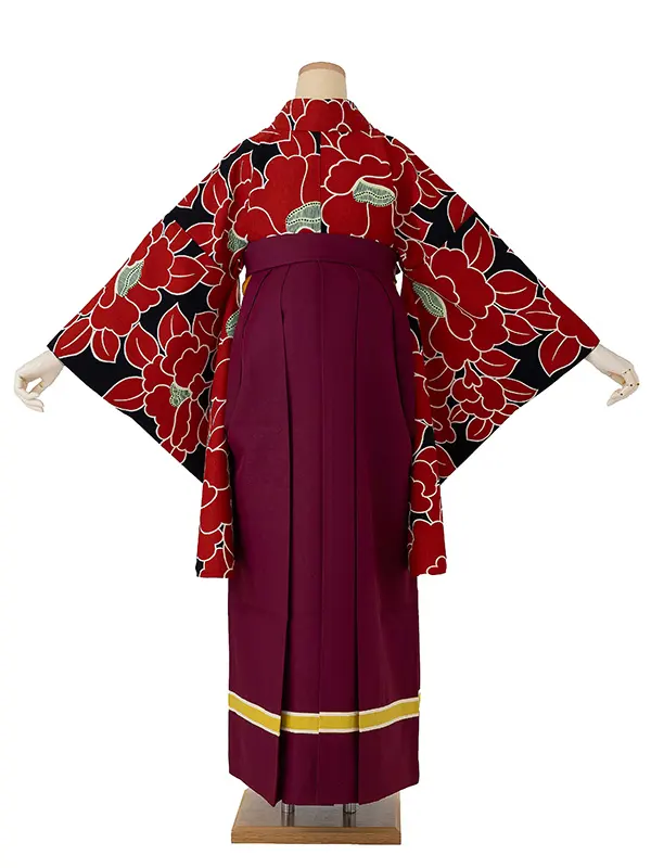 卒業式袴レンタルM0229椿・赤×ライン／ワイン